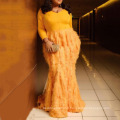 Yellow V-neck Hollow Feather Patchwork Maxi Mermaid Lady Evening Dress